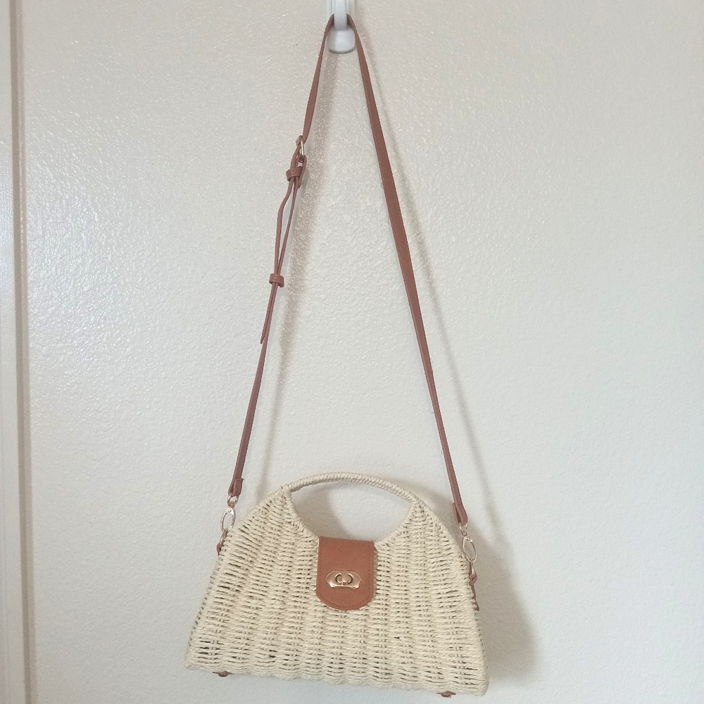 Woven Straw Beige Top Handle Satchel Crossbody Handbag Purse for Summer - Picture 2 of 9